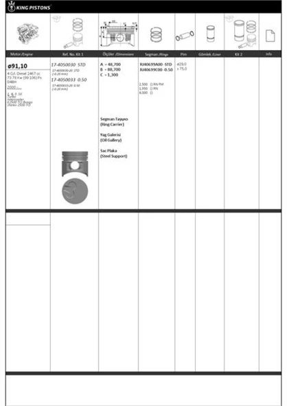 Hyundaı Ticarı Motor Piston Segman 050 Starex Tci 2001-> Kia K2500 Tci 2004-> (1-3 Siralı Piston) D4bh Motor 91,60 - Kingpiston 17-4050033 ürün görseli