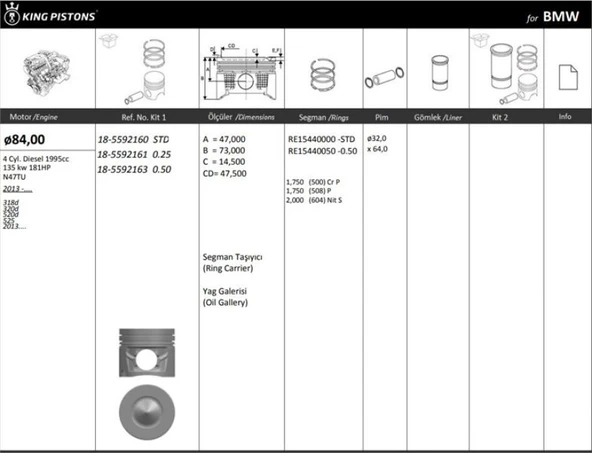 Bmw Piston + Segman (84,00mm 0.50mm Farklı) N47 D20 C E81 E82 E87 E88 F20 F22 F87 F21 E90 E92 E93 F30 F8 - Kingpiston 18-5592163 ürün görseli 1