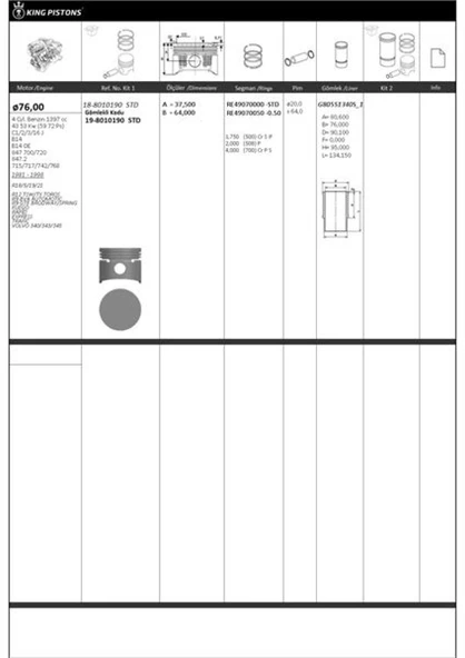 Renault Eski Motor Kiti (piston+segman+gömlek) R12 R9 1.4 (76,00mm) / (std) Riken Segmanlı - Kingpiston 19-8010190 ürün görseli