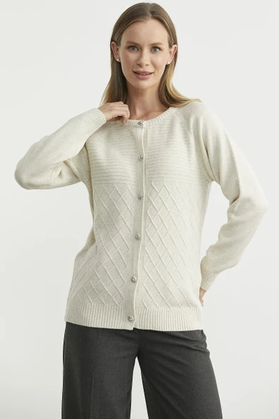 Bisiklet Yaka Motifli Triko Hırka - Taş - Resim 2