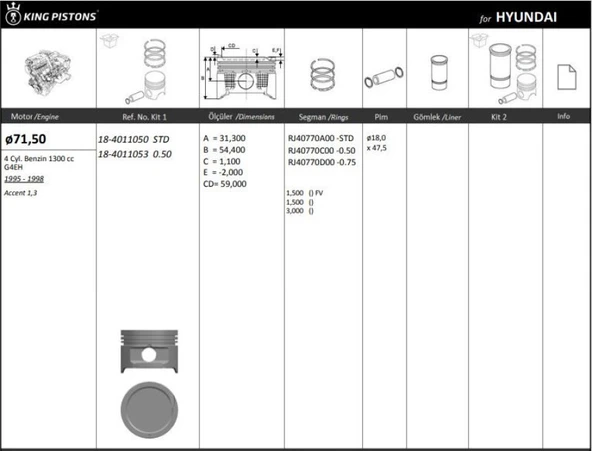 Hyundaı Motor Piston+segmanı ( Riken )  72,00+0,50mm Cap Accent 1,3 G4eh 4 Sil. Benzinli 1300 CC 95-98 - Kingpiston 18-4011053 ürün görseli
