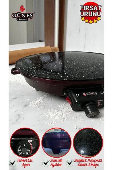 2000w Elektrikli Lüks Termostatlı 50 Cm Ekmek,gözleme,börek Ve Katmer Sacı l Granit emaye - Resim 2