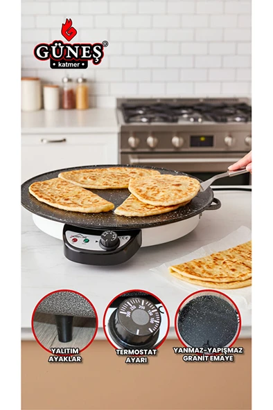 Homelux 2000w Elektrikli Lüks Termostatlı 50 Cm Ekmek,gözleme,börek Ve Katmer Sacı l Granit emaye ürün görseli