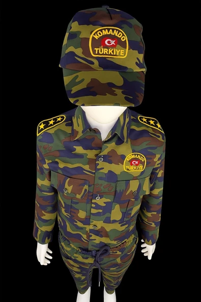 MODA ÇOCUK ASKER KOSTÜMÜ Çocuk Asker Kostümü 3-14 Yaş – Kamuflaj Tulum Şapka Takım - Resim 3