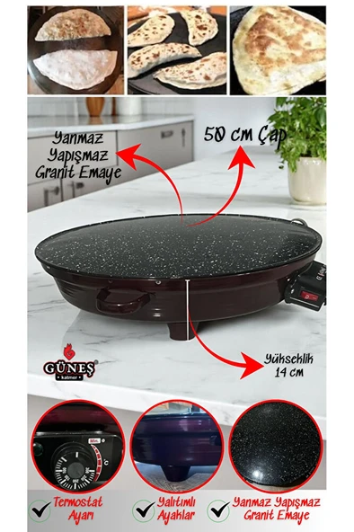 2000w Elektrikli Lüks Termostatlı 50 Cm Ekmek,gözleme,börek Ve Katmer Sacı l Granit emaye ürün görseli