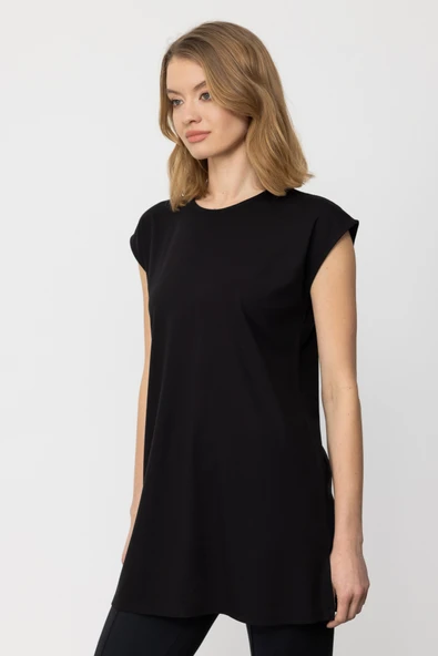 31419 ONTEKS SIFIR YAKA UZUN BASİC TUNİK BLUZ - Resim 3