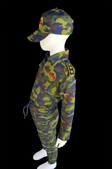 MODA ÇOCUK ASKER KOSTÜMÜ Çocuk Asker Kostümü 3-14 Yaş – Kamuflaj Tulum Şapka Takım - Resim 4