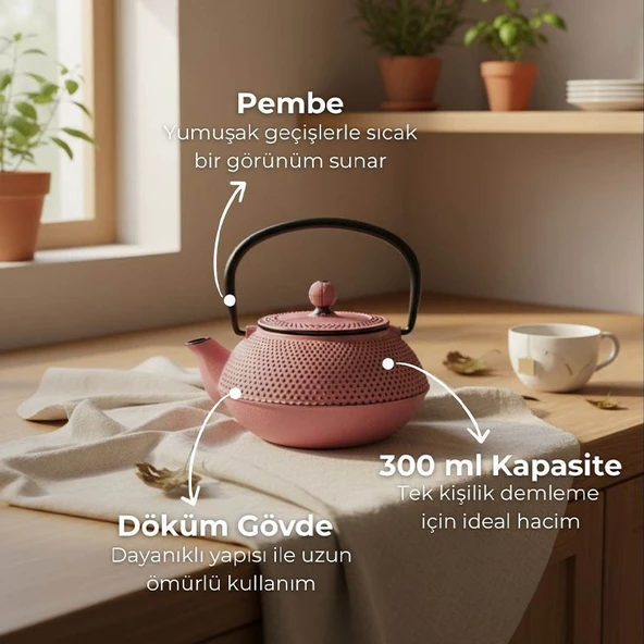 Taşev Linden Sümbül 750 ml Döküm Demlik Pembe - Resim 3