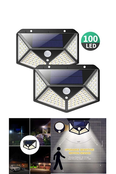 2 Adet Solar Güneş Enerjili Hareket Sensörlü Duvar Lambası Bahçe Lambası 100 Ledli Su Geçirmez ürün görseli