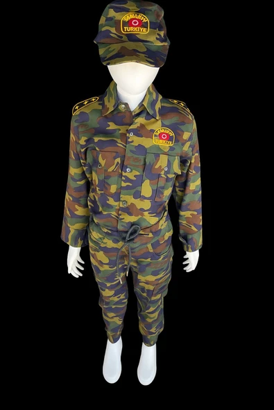 MODA ÇOCUK ASKER KOSTÜMÜ Çocuk Asker Kostümü 3-14 Yaş – Kamuflaj Tulum Şapka Takım - Resim 2
