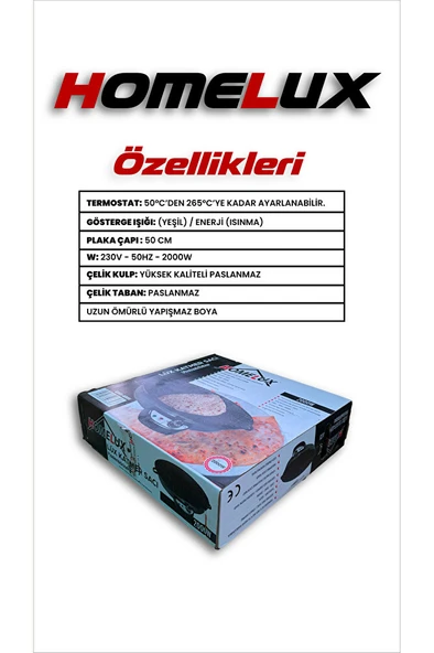 Homelux 2000w Elektrikli Lüks Termostatlı 50 Cm Ekmek,gözleme,börek Ve Katmer Sacı l Granit emaye - Resim 7