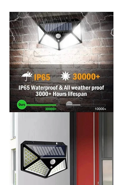 2 Adet Solar Güneş Enerjili Hareket Sensörlü Duvar Lambası Bahçe Lambası 100 Ledli Su Geçirmez - Resim 2