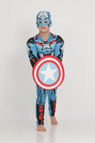 Lizsa Çocuk Kaslı Kalkanlı Kaptan Amerika Kostümü Çocuk Kaslı Kaptan Amerika Kıyafeti - Resim 2