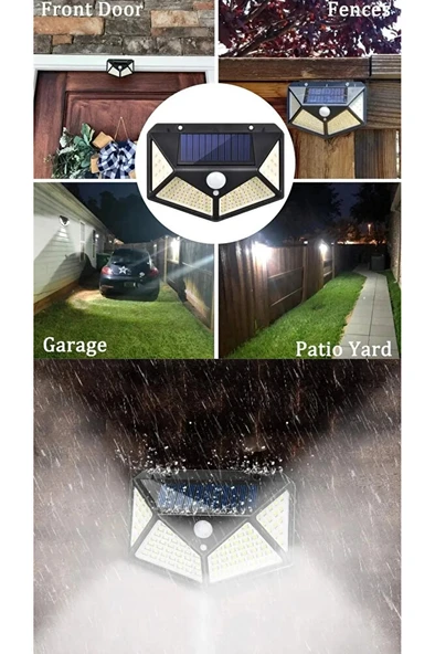 2 Adet Solar Güneş Enerjili Hareket Sensörlü Duvar Lambası Bahçe Lambası 100 Ledli Su Geçirmez - Resim 3