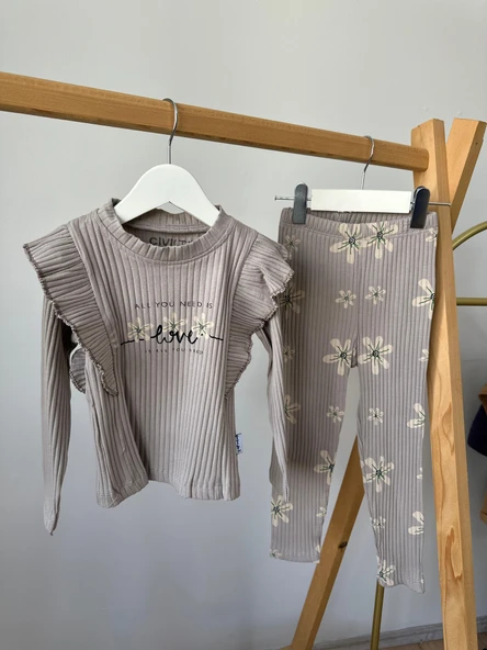 Love Çiçekli Vizon Fitilli Uzun Kollu Kız Çocuk Takımı - Resim 2