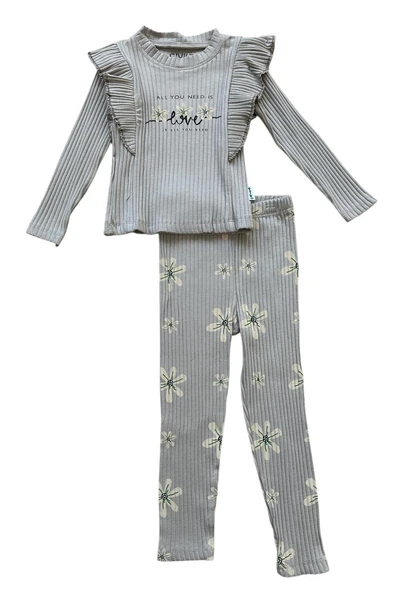 Love Çiçekli Vizon Fitilli Uzun Kollu Kız Çocuk Takımı ürün görseli