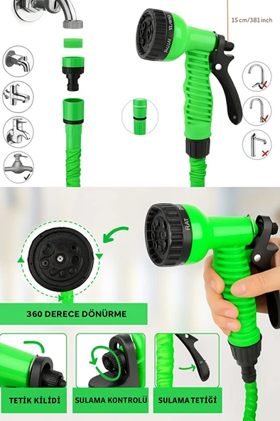 Uzayan Balkon Bahçe Araba Yıkama Püskürtme Hortumu 7.5 M Rakorlu Musluklara Uygun - Resim 3