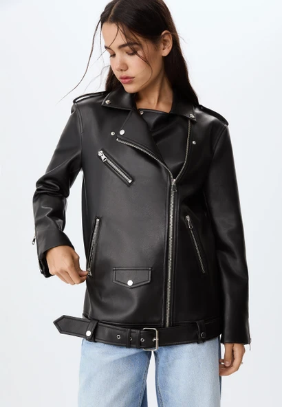 Stradivarius Oversize suni deri biker ceket - Resim 4