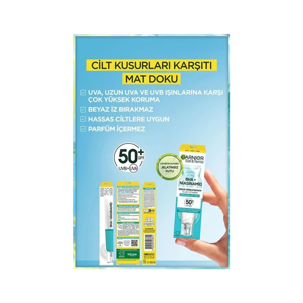 Garnier Saf ve Temiz Bha Niasinamid Günlük Güneş Koruyucu Fluid Yüz Kremi SPF50 40ML - Resim 3