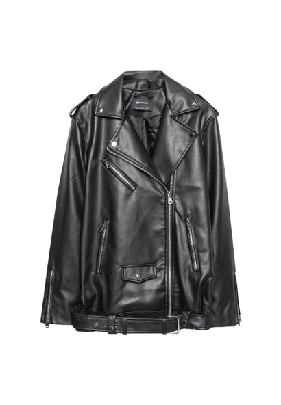Stradivarius Oversize suni deri biker ceket - Resim 5