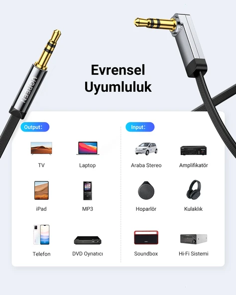 UGREEN 90 derece Dik Açılı 3.5mm Flat Aux Ses Kablosu 1 Metre, 10597 - Resim 6