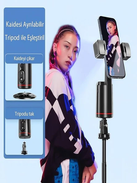 360 Yüz Takipli RGB Işıklı Profesyonel Gimbal Tripod Telefon Sabitleyici Fotoğraf Video - Resim 4