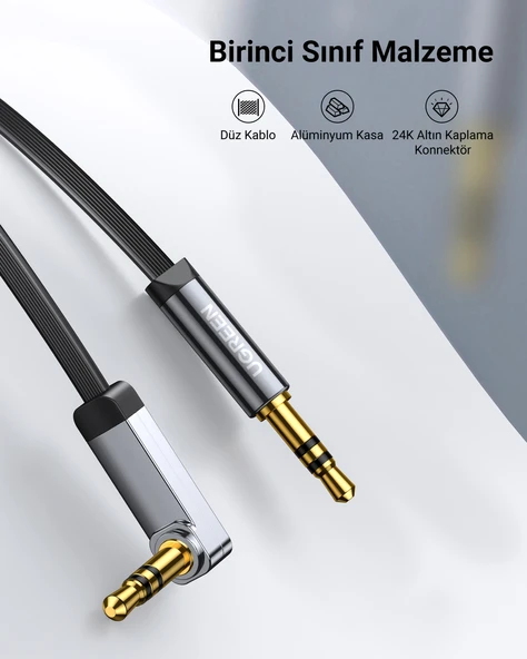 UGREEN 90 derece Dik Açılı 3.5mm Flat Aux Ses Kablosu 1 Metre, 10597 - Resim 3