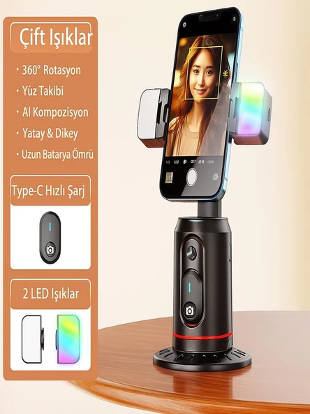 360 Yüz Takipli RGB Işıklı Profesyonel Gimbal Tripod Telefon Sabitleyici Fotoğraf Video - Resim 2