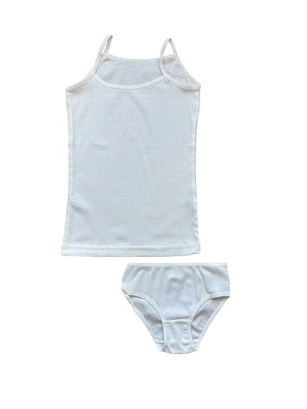 Beyaz Pamuklu Kız Çocuk Askılı Atlet Külot Seti - Resim 2