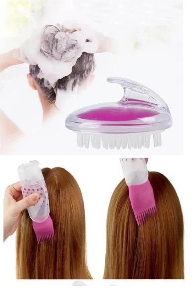 2li set Hazneli Silikon Duş Saç Yıkama Masaj Aleti - Taraklı Saç Boyama Bakım Seti - Resim 2