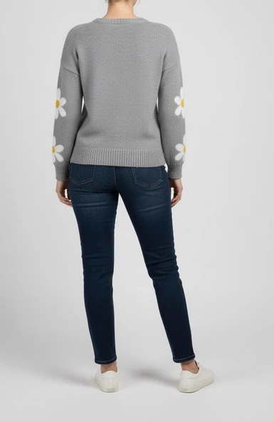 KADIN KIŞLIK TRİKO KAZAK STANDART BEDEN | Gri Papatya Çiçek Desenli Yumuşak - Resim 4