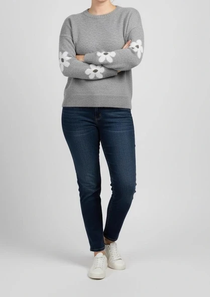 KADIN KIŞLIK TRİKO KAZAK STANDART BEDEN | Gri Papatya Çiçek Desenli Yumuşak - Resim 2