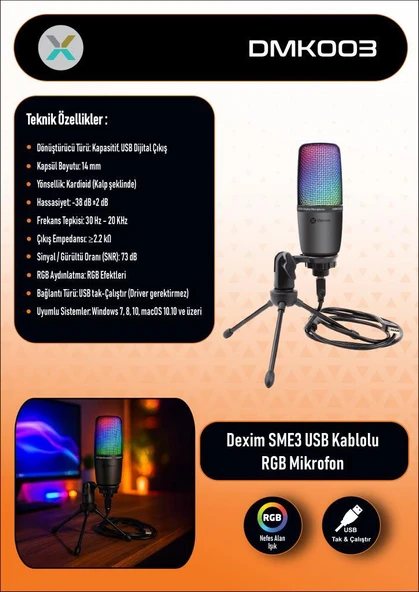 Dexim DMK003 RGB Tripodlu Oyuncu ve Yayıncı Mikrofonu - Resim 3
