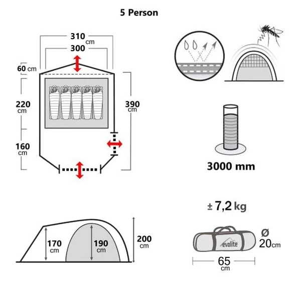 Evolite Excamp 5 Pro Sun Fresh Aile Çadırı UPF80 - Resim 4