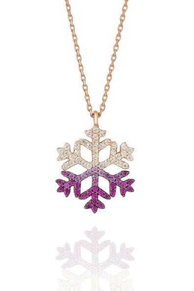 Kırmızı Beyaz Kar Tanesi Kolye Taşlı 925 Ayar Gümüş Zincirli Kolye - Resim 3