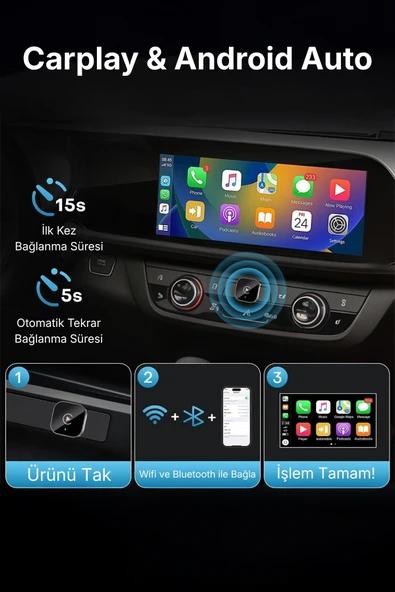 Kablosuz Android Auto ve CarPlay Adaptörü Apple ve Android Cihazlar ile Uyumlu - Resim 3