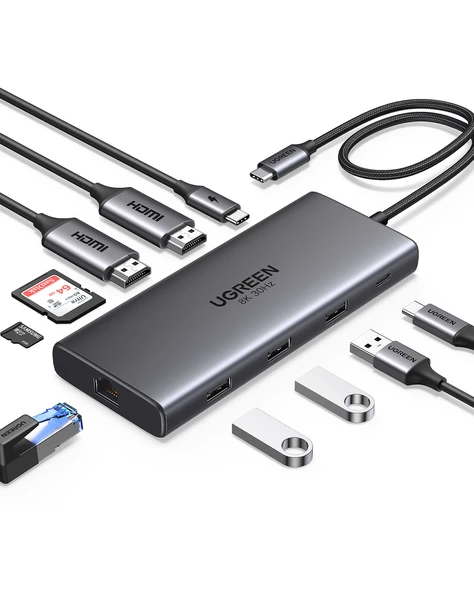 UGREEN Revedok Pro 210 10-in-1 Type-C Giriş 2xUSB-A 2.0, 1xUSB-A 3.0, 2xUSB-C, 2xHDMI 8K/4K, SD, TF, RJ45, 15534 ürün görseli