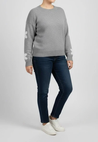 KADIN KIŞLIK TRİKO KAZAK STANDART BEDEN | Gri Papatya Çiçek Desenli Yumuşak - Resim 3