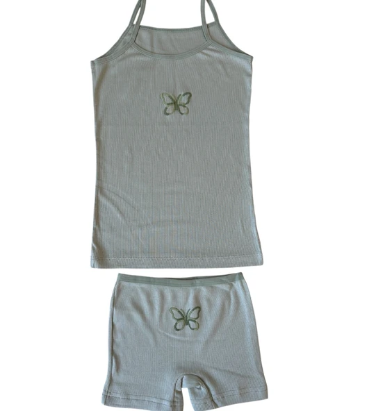 Haki Yeşil Kız Çocuk Askılı Atlet ve Boxer Seti - Resim 2