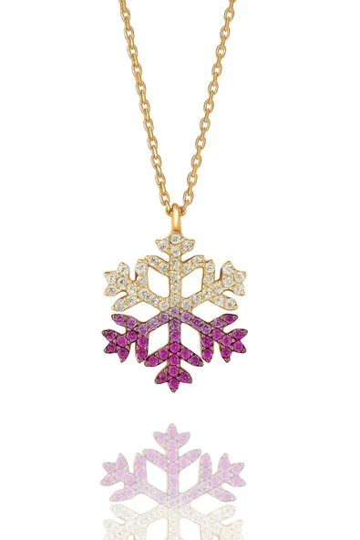 Kırmızı Beyaz Kar Tanesi Kolye Taşlı 925 Ayar Gümüş Zincirli Kolye - Resim 4