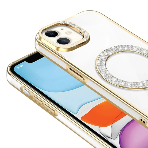 iPhone 11 Kılıf Pırlanta Taş Tasarımlı M-safe Şarj Özellikli Karetta Silikon Kapak - Resim 3
