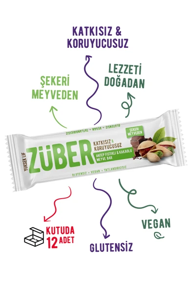 Züber Antep Fıstıklı ve Kakaolu Meyve Bar 40gr  X 12 Adet - Resim 2