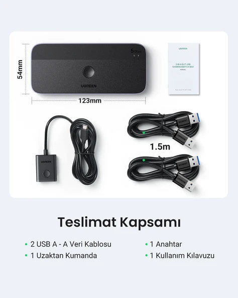 UGREEN USB 3.0 2-in-4 Çift Ekran Paylaşımlı 5Gbps 1xUSBC, 4xUSB-A Switch, 15705 - Resim 8