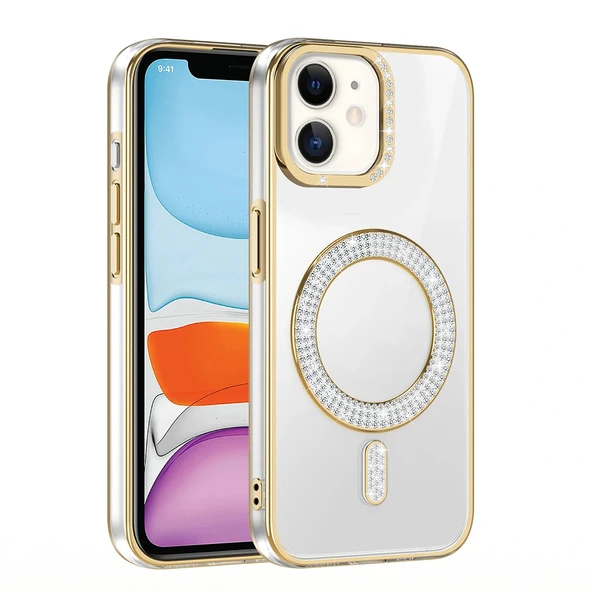 iPhone 11 Kılıf Pırlanta Taş Tasarımlı M-safe Şarj Özellikli Karetta Silikon Kapak - Resim 2