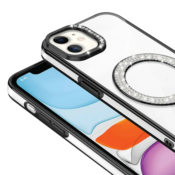 iPhone 11 Kılıf Pırlanta Taş Tasarımlı M-safe Şarj Özellikli Karetta Silikon Kapak - Resim 11