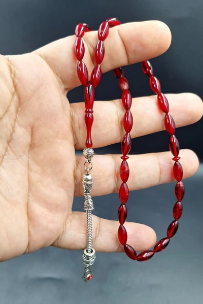 Kırmızı Arpa Kesim Alpaka Püskül Kehribar Tespih - Resim 3