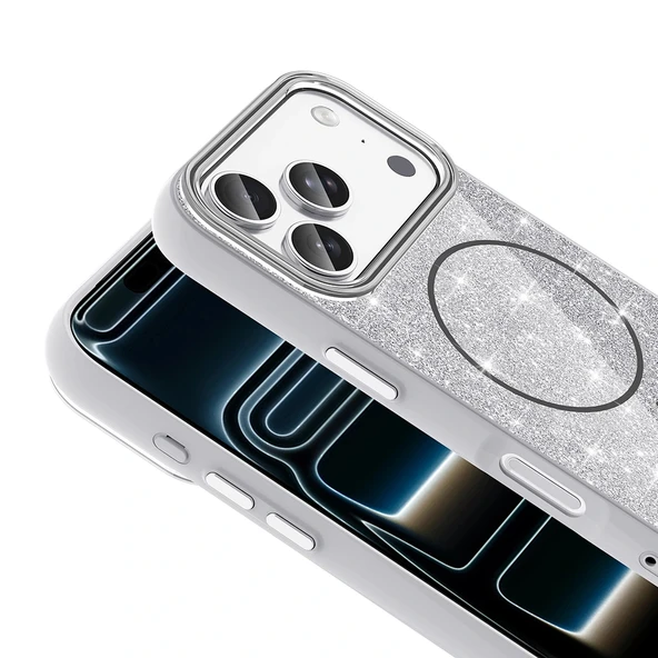 iPhone 17 Pro Max Kılıf M-safe Şarj Özellikli Parlayan Simli Okso Kapak - Resim 9