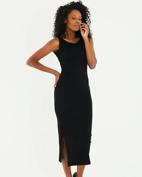 Kayık Yaka Kolsuz Yırtmaçlı Kalem Uzun Elbise - Resim 3