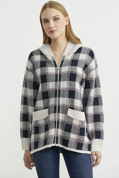 Renkli Ekose Geçişli Yünlü Triko Hırka - Taş ürün görseli