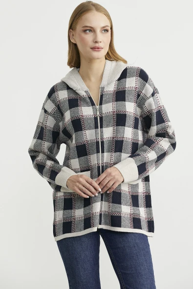 Renkli Ekose Geçişli Yünlü Triko Hırka - Taş - Resim 2